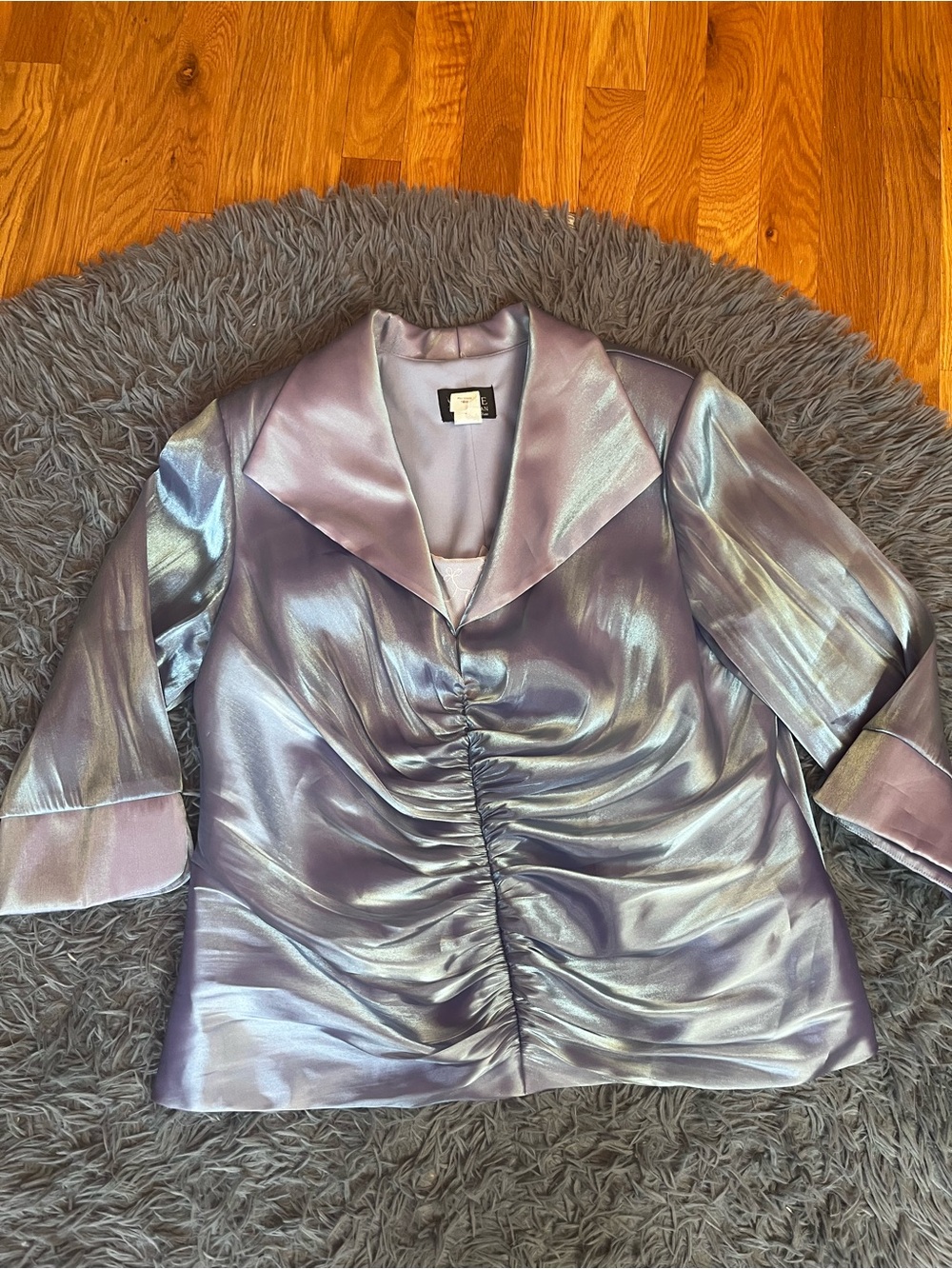 XSCAPE Joanna Chen Iridescent Lavender Blue Ruched Satin Blouse Size 16W